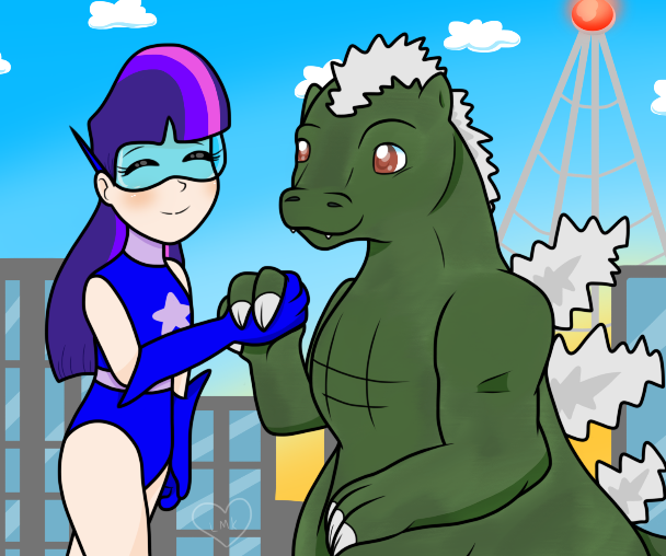 Size: 608x508 | Tagged: artist:littlemisskate, derpibooru import, eyes closed, godzilla, godzilla (series), handshake, human, humanized, kaiju, magic gaia, safe, smiling, superhero, twilight sparkle