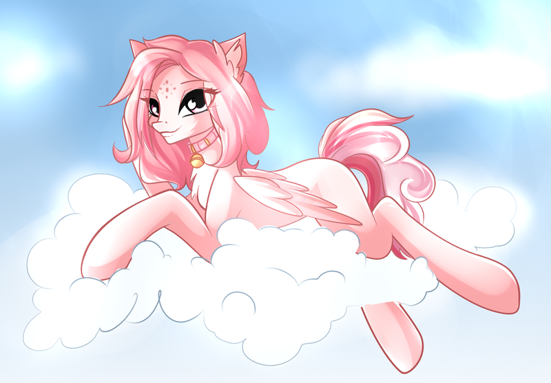 Size: 1456x1012 | Tagged: artist:imbrina, bell, bell collar, cloud, collar, derpibooru import, looking at you, lying down, oc, oc:morning radiance, pegasus, safe, sky, smiling, solo, unofficial characters only