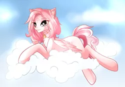 Size: 1456x1012 | Tagged: artist:imbrina, bell, bell collar, cloud, collar, derpibooru import, looking at you, lying down, oc, oc:morning radiance, pegasus, safe, sky, smiling, solo, unofficial characters only