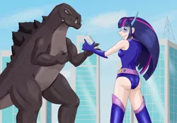 Size: 1280x889 | Tagged: artist:scs-g3-n17, derpibooru import, godzilla, godzilla (series), human, humanized, kaiju, magic gaia, safe, superhero, twilight sparkle