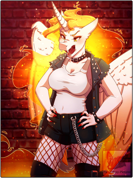 Size: 900x1200 | Tagged: anthro, artist:pastel-pony-pictures, bracelet, breasts, brick wall, busty daybreaker, chains, clothes, collar, daybreaker, derpibooru import, fangs, fishnets, jacket, leather jacket, mane of fire, missing accessory, nail polish, safe, shorts, solo, spiked collar, spiked wristband, tanktop, wristband