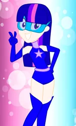 Size: 1280x2120 | Tagged: safe, artist:thelifedragonslayer, derpibooru import, twilight sparkle, human, equestria girls, grin, human coloration, magic gaia, peace sign, smiling, superhero