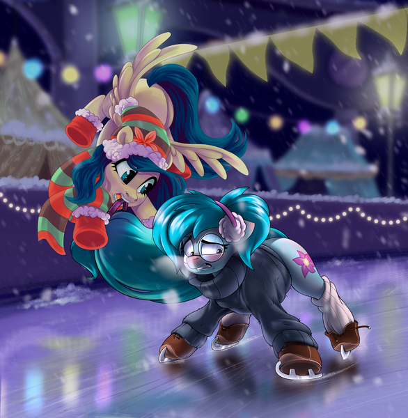 Size: 1609x1647 | Tagged: safe, artist:ariamidnighters, artist:rexyseven, derpibooru import, oc, oc:water splash, oc:whispy slippers, unofficial characters only, earth pony, pegasus, pony, clothes, collaboration, duo, female, glasses, ice skating, mare, scarf, socks, sweater