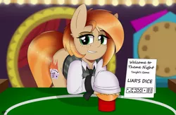 Size: 1200x783 | Tagged: safe, artist:takaneko13, derpibooru import, oc, oc:parlay, unofficial characters only, earth pony, casino, clothes, dice, female, freckles, mare, necktie, shirt, solo, unshorn fetlocks, vest