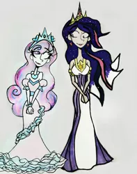 Size: 2006x2540 | Tagged: alicorn, artist:citi, aunt and niece, big crown thingy 2.0, derpibooru import, ethereal hair, eyebrows visible through hair, eye clipping through hair, human, humanized, older, older flurry heart, older twilight, princess flurry heart, princess twilight 2.0, safe, skinny, starry hair, the last problem, traditional art, twilight sparkle, twilight sparkle (alicorn)