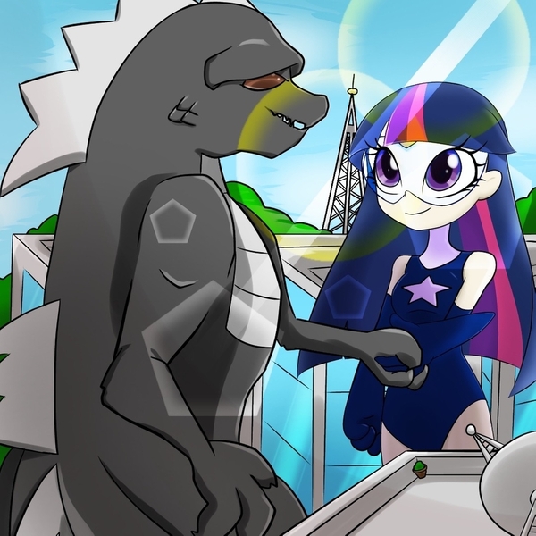 Size: 1024x1024 | Tagged: artist:safilena, derpibooru import, godzilla, godzilla (series), handshake, human, humanized, kaiju, magic gaia, safe, superhero, twilight sparkle