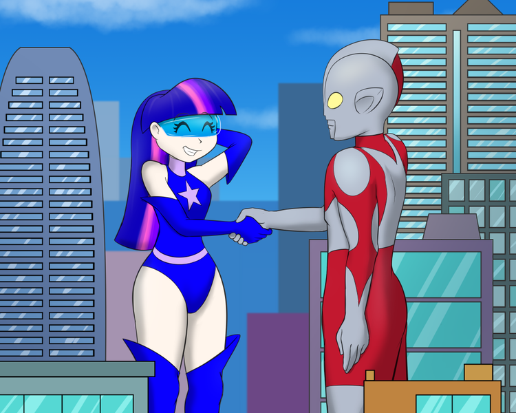 Size: 1000x800 | Tagged: artist:empyu, derpibooru import, human, humanized, magic gaia, safe, superhero, twilight sparkle, ultraman