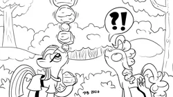 Size: 1200x675 | Tagged: safe, artist:pony-berserker, derpibooru import, maud pie, pinkie pie, earth pony, pony, black and white, duo, exclamation point, female, grayscale, i can't believe it's not idw, interrobang, mare, monochrome, ponies balancing stuff on their nose, pony-berserker's twitter sketches, question mark, rock, siblings, signature, simple background, sisters, sketch, tree, white background