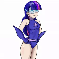 Size: 1024x1024 | Tagged: :3, artist:bikowolf1, clothes, derpibooru import, eyes closed, human, humanized, leotard, magic gaia, safe, smiling, superhero, twilight sparkle