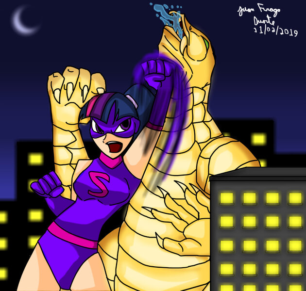 Size: 2510x2390 | Tagged: artist:desenhoexperiment, derpibooru import, female, giantess, human, humanized, macro, punch, red king, safe, sci-titan, superhero, twilight sparkle, uppercut