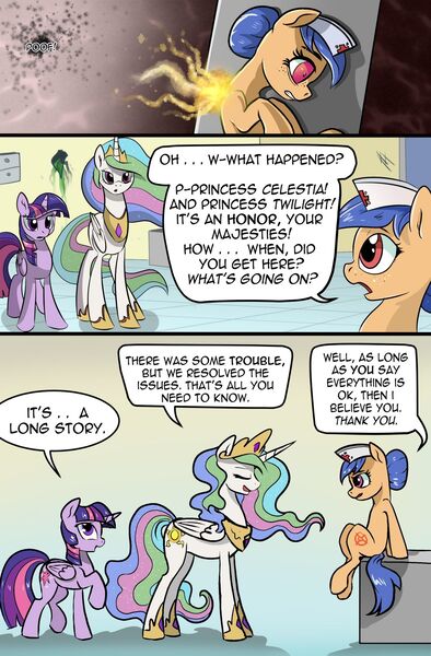 Size: 1280x1949 | Tagged: alicorn, artist:candyclumsy, comic:curse and madness, derpibooru import, mlpcam, nurse, oc, princess celestia, safe, twilight sparkle, twilight sparkle (alicorn)