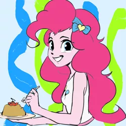 Size: 2000x2000 | Tagged: safe, artist:luciferamon, color edit, derpibooru import, edit, pinkie pie, equestria girls, colored, flan, food, happy, pudding, sketch, smiling