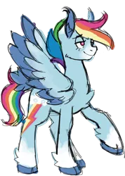 Size: 1093x1532 | Tagged: safe, artist:trinoids, derpibooru import, rainbow dash, pegasus, pony, chest fluff, cloven hooves, colored hooves, colored wings, ear fluff, female, mare, raised hoof, simple background, smiling, smirk, socks (coat marking), solo, spread wings, transparent background, unshorn fetlocks, wings