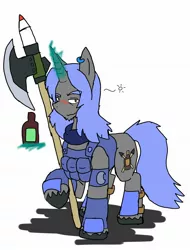 Size: 1558x2048 | Tagged: safe, artist:omegapony16, derpibooru import, oc, oc:oriponi, unofficial characters only, pony, unicorn, axe, battle axe, beer bottle, blushing, drunk, glowing horn, horn, magic, male, simple background, soldier, solo, stallion, telekinesis, unicorn oc, unshorn fetlocks, weapon, white background