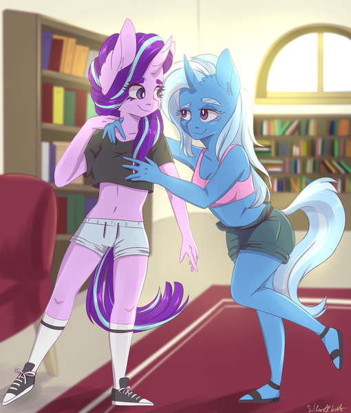 Size: 1700x2000 | Tagged: safe, artist:silbersternenlicht, derpibooru import, starlight glimmer, trixie, anthro, plantigrade anthro, unicorn, armpits, belly button, book, bra, clothes, female, lesbian, long socks, midriff, sandals, shipping, shoes, short pants, short shirt, sneakers, socks, sports bra, startrix, underwear