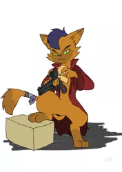 Size: 1451x2048 | Tagged: abyssinian, anthro, artist:omegapony16, box, capper dapperpaws, clothes, coat, derpibooru import, digitigrade anthro, gun, handgun, male, mateba, my little pony: the movie, revolver, safe, simple background, smiling, solo, weapon, white background