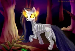 Size: 1581x1080 | Tagged: safe, artist:birdie, derpibooru import, oc, oc:aurora nightfall, pony, unicorn, bone, forest background, glowing eyes, looking back, skeleton, solo, sombra eyes