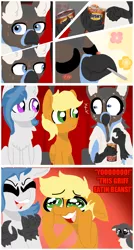Size: 1060x1980 | Tagged: safe, artist:nootaz, derpibooru import, oc, oc:delta dart, oc:nivatus, oc:rapid rescue, unofficial characters only, gryphon, hippogriff, pegasus, beans, comic, crying, dialogue, duke (dog), eared griffon, food, laughing, meme, movie theatre, talons