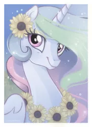 Size: 772x1063 | Tagged: safe, artist:lugiaangel, derpibooru import, edit, editor:assturtle, princess celestia, alicorn, pony, bust, flower, flower in hair, portrait, smiling, solo, sunflower