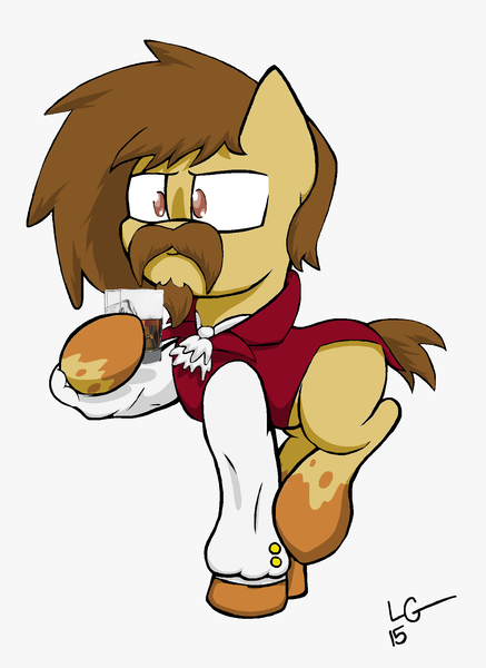 Size: 1384x1900 | Tagged: safe, artist:lucas_gaxiola, derpibooru import, oc, unofficial characters only, earth pony, pony, alcohol, beard, clothes, cup, earth pony oc, facial hair, hoof hold, male, moustache, signature, simple background, solo, stallion, white background