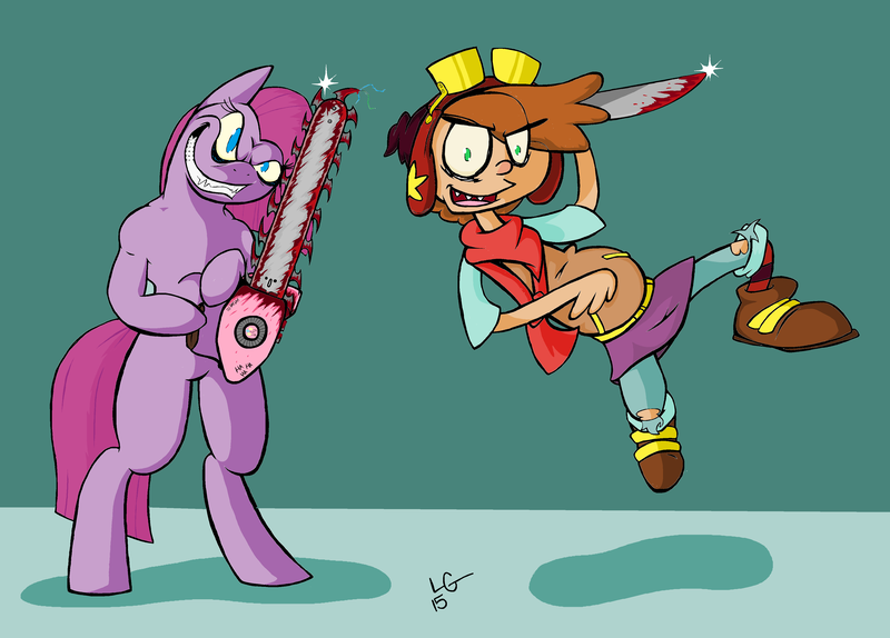 Size: 4000x2872 | Tagged: safe, artist:lucas_gaxiola, derpibooru import, pinkie pie, earth pony, human, pony, bipedal, blood, chainsaw, clothes, duo, female, grin, jumping, knife, mare, pinkamena diane pie, signature, smiling, smirk