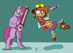 Size: 4000x2872 | Tagged: safe, artist:lucas_gaxiola, derpibooru import, pinkie pie, earth pony, human, pony, bipedal, blood, chainsaw, clothes, duo, female, grin, jumping, knife, mare, pinkamena diane pie, signature, smiling, smirk