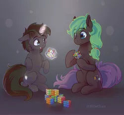 Size: 4000x3700 | Tagged: safe, artist:katakiuchi4u, derpibooru import, oc, unofficial characters only, earth pony, pony, unicorn, commission, gray background, high res, hoof hold, levitation, magic, rubik's cube, simple background, telekinesis