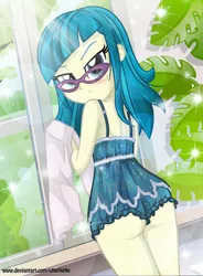 Size: 671x910 | Tagged: suggestive, artist:charliexe, derpibooru import, juniper montage, equestria girls, movie magic, spoiler:eqg specials, ass, blushing, butt, fanfic in the description, female, glasses, junibum montage, lidded eyes, looking at you, looking back, looking back at you, looking over shoulder, solo, solo female, stupid sexy juniper montage