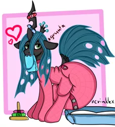 Size: 4074x4460 | Tagged: absurd resolution, adult foal, artist:cuddlelamb, bedroom eyes, blushing, changeling, changeling queen, changing mat, crinkle, cute, cutealis, cute little fangs, derpibooru import, diaper, diaper fetish, dock, fangs, female, fetish, floating heart, footed sleeper, grunt, heart, horn, horn ring, impossibly large diaper, jewelry, looking at you, mouth hold, onomatopoeia, out of frame, pink background, poofy diaper, queen chrysalis, ring, simple background, smiling, solo, solo female, suggestive, toy