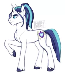 Size: 512x608 | Tagged: safe, artist:butteredpawpcorn, derpibooru import, oc, oc:princess valiance, unofficial characters only, pony, unicorn, female, mare, not gleaming shield, offspring, parent:princess cadance, parent:shining armor, parents:shiningcadance, raised hoof, simple background, solo, unshorn fetlocks, white background