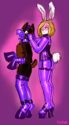 Size: 400x726 | Tagged: animal, anthro, artist:turbinedivinity, barely pony related, clothes, corset, crossdressing, derpibooru import, digitigrade anthro, donkey, femboy, gradient background, high heels, latex, latex suit, male, nudity, oc, oc:raelbunny, part of a set, rabbit, safe, shoes, signature, transformation, unguligrade anthro, unofficial characters only