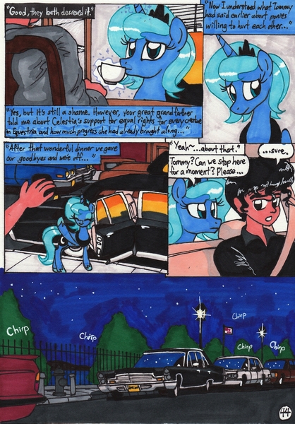 Size: 2076x2978 | Tagged: artist:newyorkx3, cadillac, car, comic, comic:young days, derpibooru import, drinking, night, oc, oc:tommy, princess luna, s1 luna, safe, traditional art