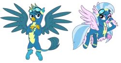 Size: 7500x3893 | Tagged: safe, artist:cheezedoodle96, derpibooru import, gallus, silverstream, classical hippogriff, gryphon, hippogriff, uprooted, .svg available, alternate hairstyle, blue, clothes, crossed arms, cute, diastreamies, dream sequence, feathered fetlocks, female, flying, gallabetes, gallstream, goggles, griffon wonderbolt, hippogriff wonderbolt, jewelry, lidded eyes, looking at you, male, necklace, non-pegasus wonderbolt, paws, raised eyebrow, scene interpretation, shipping, simple background, smiling, smirk, spread wings, straight, svg, transparent background, uniform, vector, wings, wonderbolt gallus, wonderbolt silverstream, wonderbolt trainee uniform, wonderbolts