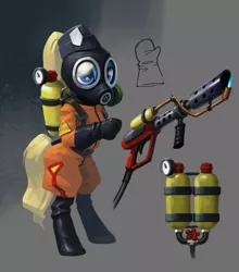 Size: 2054x2337 | Tagged: safe, derpibooru import, oc, anthro, earth pony, bdsm: big drunk satanic massacre, bipedal, blonde, boots, clothes, concept art, female, flamethrower, game, gas mask, gloves, gun, hat, mask, pyromaniac, rubber, shoes, solo, standing, video game, weapon