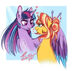 Size: 2325x2257 | Tagged: safe, artist:snowballflo, artist:truebluflo, derpibooru import, sunset shimmer, twilight sparkle, twilight sparkle (alicorn), alicorn, pony, unicorn, alternate hairstyle, blue background, coat markings, colored wings, colored wingtips, cute, eye contact, female, floating heart, hair bun, heart, hug, lesbian, lidded eyes, looking at each other, mare, multicolored hair, shimmerbetes, shipping, signature, simple background, smiling, sunsetsparkle, twiabetes, winghug, wings