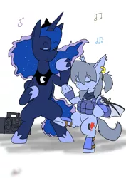 Size: 1451x2048 | Tagged: safe, alternate version, artist:omegapony16, derpibooru import, princess luna, oc, oc:oriponi, bat pony, pony, armor, bat pony oc, bat wings, bipedal, boombox, clothes, colored, dancing, duo, ear piercing, earring, ethereal mane, eyes closed, female, hoof shoes, jewelry, mare, music notes, peytral, piercing, radio, scarf, signature, simple background, soldier, starry mane, tiara, underhoof, vest, white background, wings