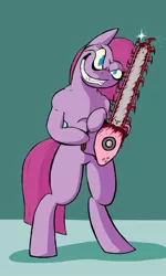 Size: 440x735 | Tagged: safe, alternate version, artist:lucas_gaxiola, derpibooru import, pinkie pie, earth pony, pony, bipedal, blood, chainsaw, cropped, female, grin, hoof hold, mare, pinkamena diane pie, smiling, smirk, solo