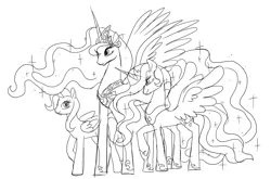 Size: 2600x1715 | Tagged: artist needed, source needed, safe, derpibooru import, princess celestia, princess luna, trixie, alicorn, pony, alicornified, alternate universe, female, mare, monochrome, peytral, race swap