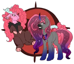 Size: 1607x1394 | Tagged: safe, artist:azrealrou, derpibooru import, oc, oc:crimson heart, oc:wonderland, unofficial characters only, draconequus, pony, corrupted, curved horn, duo, ethereal mane, female, horn, interspecies offspring, mare, offspring, parent:discord, parent:pinkie pie, parent:princess cadance, parent:shining armor, parents:discopie, parents:shiningcadance, peytral, starry mane
