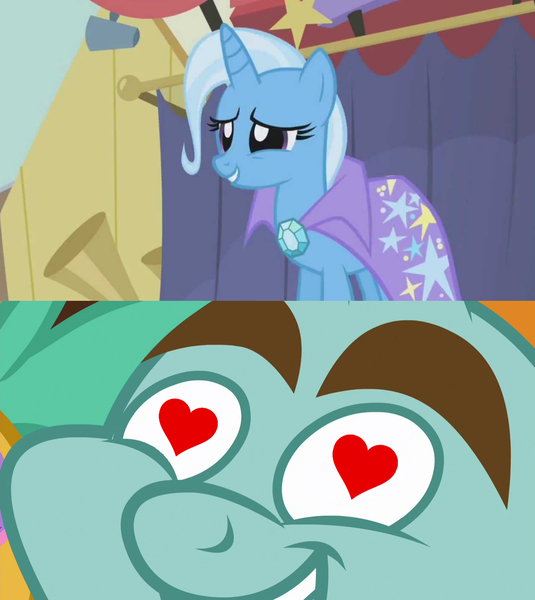 Size: 1280x1436 | Tagged: boast busters, common ground, derpibooru import, edit, edited screencap, female, heart eyes, male, safe, screencap, shipping, shipping domino, snips, straight, trips, trixie, wingding eyes