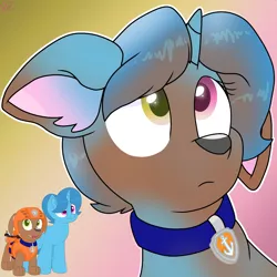 Size: 1250x1250 | Tagged: safe, artist:rainbow eevee, derpibooru import, spring rain, dog, pony, unicorn, character to character, collar, cute, gradient background, heterochromia, looking up, male to female, paw patrol, rule 63, rule63betes, simple background, transformation, transgender transformation, wat, zuma, zuma (paw patrol)