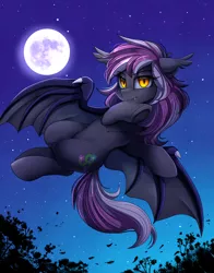 Size: 2308x2947 | Tagged: safe, artist:pridark, derpibooru import, oc, oc:azalea, bat pony, pony, bat pony oc, bat wings, commission, cutie mark, female, full moon, high res, looking at you, moon, night, night sky, sky, smiling, solo, stars, wings