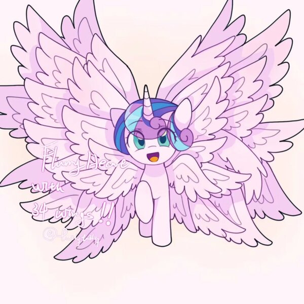 Size: 1024x1024 | Tagged: safe, artist:twily27889053, derpibooru import, princess flurry heart, alicorn, pony, seraph, seraphicorn, eye clipping through hair, female, filly, gradient background, multiple wings, one hoof raised, solo, wings