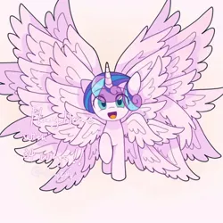 Size: 1024x1024 | Tagged: safe, artist:twily27889053, derpibooru import, princess flurry heart, alicorn, pony, seraph, seraphicorn, eye clipping through hair, female, filly, gradient background, multiple wings, one hoof raised, solo, wings