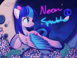 Size: 2048x1536 | Tagged: artist:twily27889053, crescent moon, derpibooru import, female, flower, mare, moon, oc, oc:neon sparkle, pegasus, pegasus oc, prone, safe, solo, spread wings, text, unofficial characters only, wings