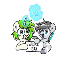 Size: 2560x2048 | Tagged: safe, artist:sugar morning, derpibooru import, oc, oc:c1t0-b0r, oc:vinyl mix, unofficial characters only, pony, robot, robot pony, unicorn, bust, citomix, couple, female, jewelry, lesbian, looking at you, magic, magic aura, mare, necklace, oc x oc, portrait, shipping, sign, simple background, smiling, text, transparent background