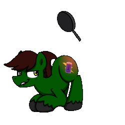 Size: 1000x1000 | Tagged: safe, artist:sugar morning, derpibooru import, oc, oc:blitzkrieg, unofficial characters only, earth pony, pony, animated, critical hit, frying pan, male, simple background, solo, spanking, stallion, text, transparent background, unshorn fetlocks