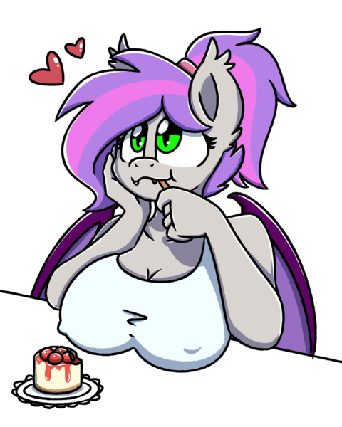 Size: 2048x2560 | Tagged: suggestive, artist:sugar morning, derpibooru import, oc, oc:windseeker, unofficial characters only, anthro, bat pony, big breasts, breast rest, breasts, bust, cake, clothes, eating, female, food, heart, mare, ponytail, portrait, simple background, tanktop, transparent background