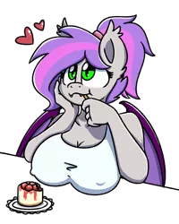 Size: 2048x2560 | Tagged: suggestive, artist:sugar morning, derpibooru import, oc, oc:windseeker, unofficial characters only, anthro, bat pony, big breasts, breast rest, breasts, bust, cake, clothes, eating, female, food, heart, mare, ponytail, portrait, simple background, tanktop, transparent background