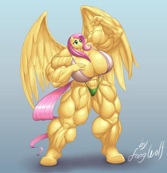 Size: 1024x1062 | Tagged: suggestive, artist:faogwolf, derpibooru import, fluttershy, anthro, bat pony, pegasus, unguligrade anthro, abs, biceps, big breasts, bikini, bodybuilder, breasts, busty fluttershy, clothes, deltoids, female, fetish, flexing, flutterbat, gradient background, huge breasts, mare, muscle fetish, muscles, muscleshy, muscular female, overdeveloped muscles, race swap, signature, solo, solo female, swimsuit, thighs, thunder thighs